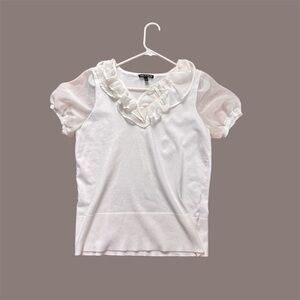 Cable & Gauge White Ruffle V-Neck Knit Top Sheer Puff Sleeve XL